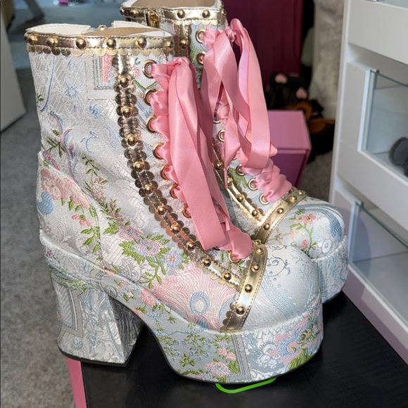 Floral Brocade Platform Ankle Boots with Pink Ribbon Laces